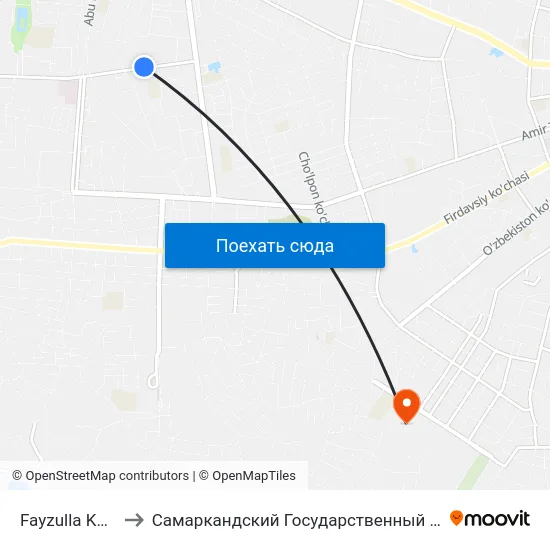 Fayzulla Khodzhayev Street, 4 to Самаркандский Государственный Архитектурно Строительный Институт (Самгаси) map
