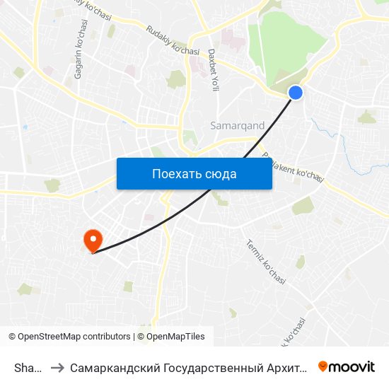 Shaki Zinda to Самаркандский Государственный Архитектурно Строительный Институт (Самгаси) map