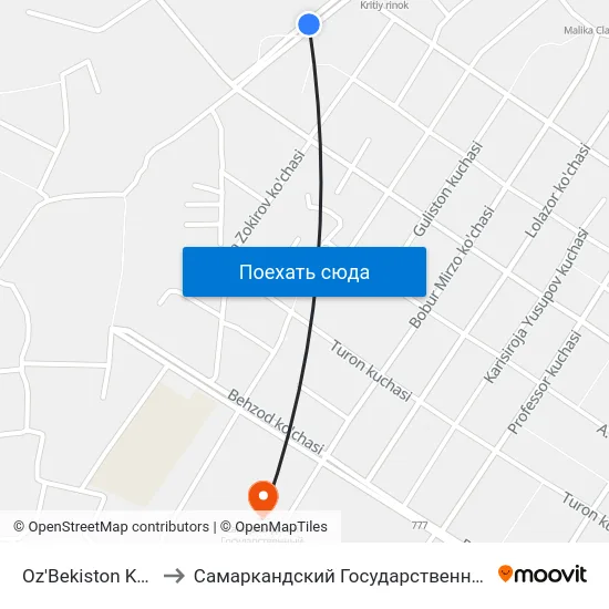 Oz'Bekiston Ko'Chasi / Sakkoki Ko'Chasi to Самаркандский Государственный Архитектурно Строительный Институт (Самгаси) map