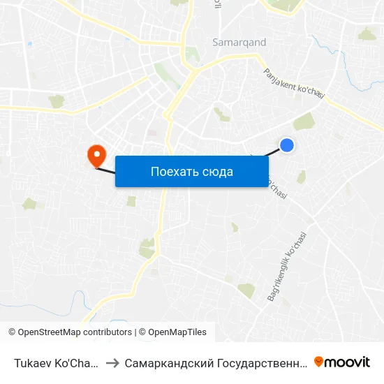 Tukaev Ko'Chasi / Abdullo Qahor Ko'Chasi to Самаркандский Государственный Архитектурно Строительный Институт (Самгаси) map