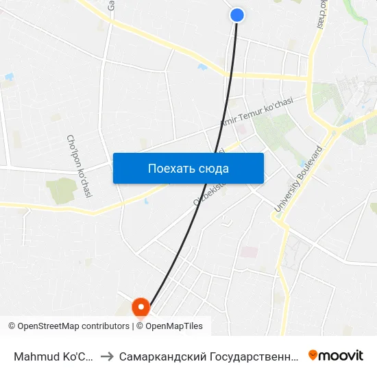 Mahmud Ko'Chasi / Kurchatov Ko'Chasi to Самаркандский Государственный Архитектурно Строительный Институт (Самгаси) map