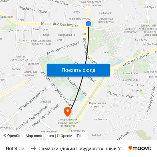Hotel Central to Самаркандский Государственный Университет map