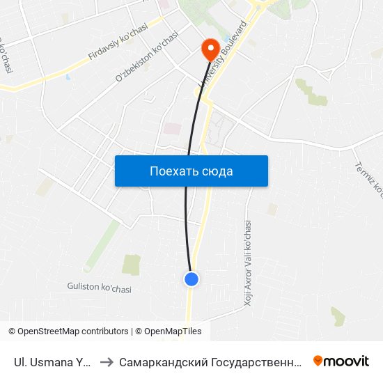 Ul. Usmana Yusupova to Самаркандский Государственный Университет map