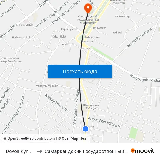 Devoli Kyndalang to Самаркандский Государственный Университет map