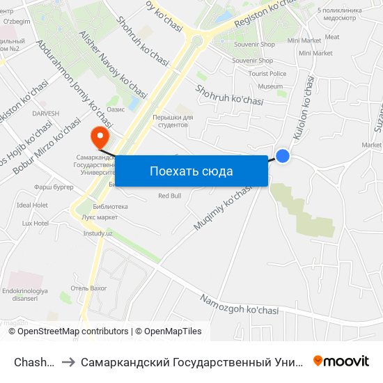 Chashma to Самаркандский Государственный Университет map