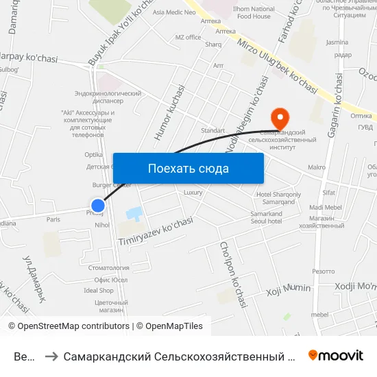 Bekat to Самаркандский Сельскохозяйственный Институт map