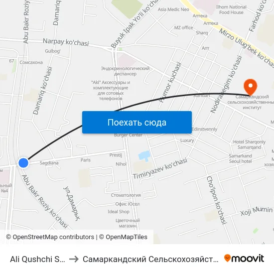 Ali Qushchi Street, 35 to Самаркандский Сельскохозяйственный Институт map