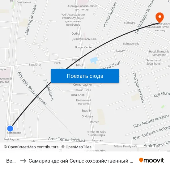 Bekat to Самаркандский Сельскохозяйственный Институт map