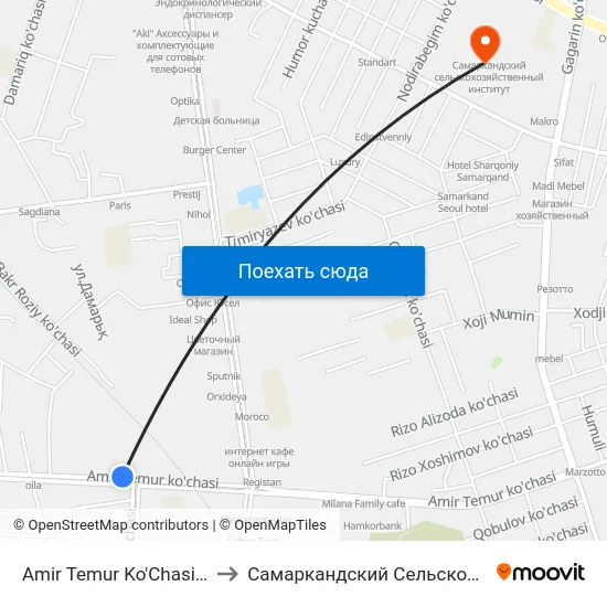 Amir Temur Ko'Chasi / Turkiston Ko'Chasi to Самаркандский Сельскохозяйственный Институт map