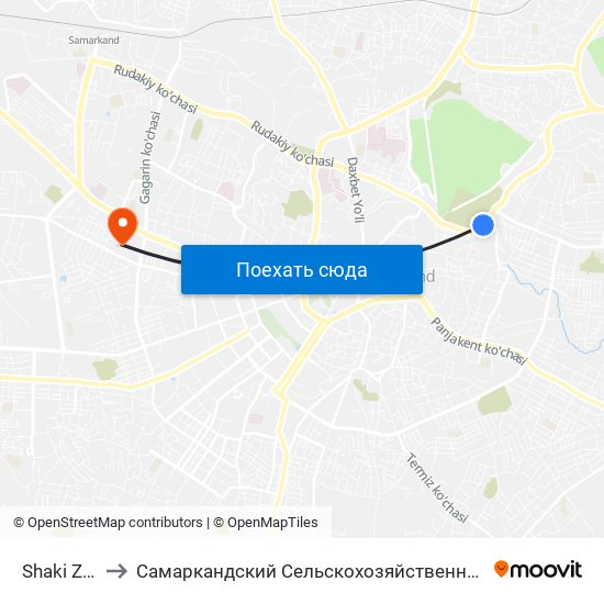 Shaki Zinda to Самаркандский Сельскохозяйственный Институт map