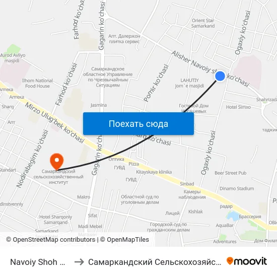 Navoiy Shoh Ko'Chasi, 1 to Самаркандский Сельскохозяйственный Институт map