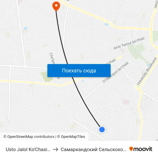 Usto Jalol Ko'Chasi / Turon Ko'Chasi to Самаркандский Сельскохозяйственный Институт map