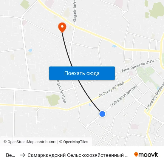 Bekat to Самаркандский Сельскохозяйственный Институт map