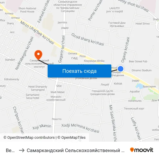 Bekat to Самаркандский Сельскохозяйственный Институт map