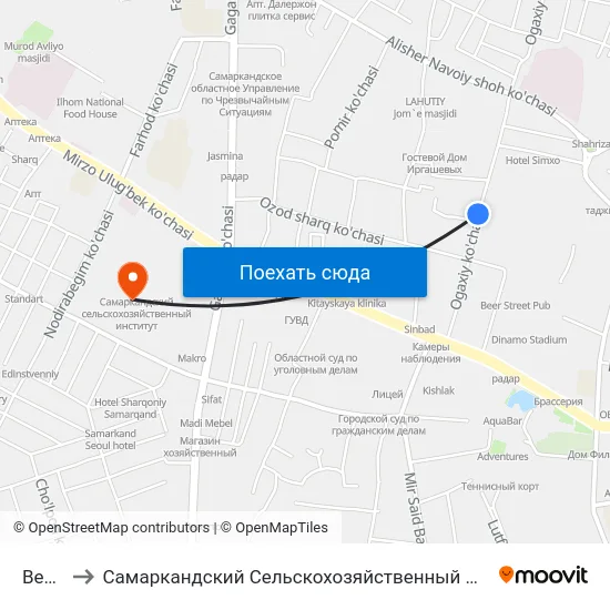 Bekat to Самаркандский Сельскохозяйственный Институт map