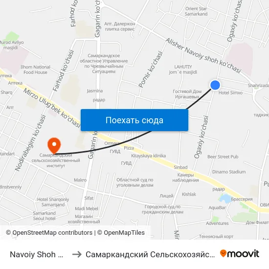 Navoiy Shoh Ko'Chasi, 1 to Самаркандский Сельскохозяйственный Институт map