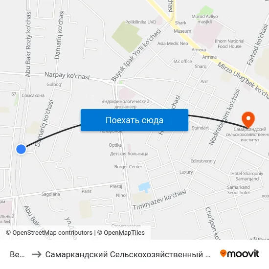 Bekat to Самаркандский Сельскохозяйственный Институт map
