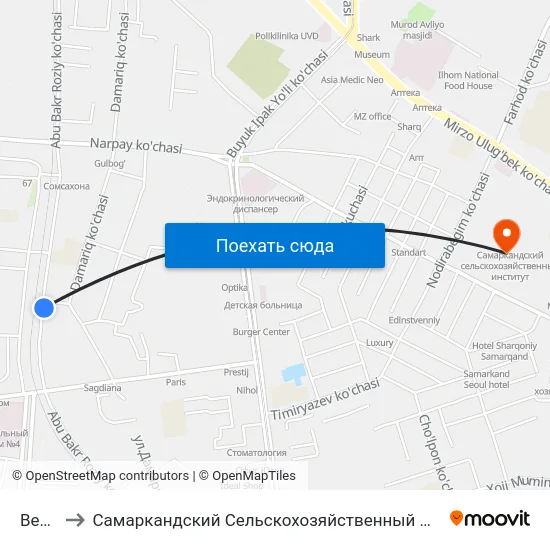 Bekat to Самаркандский Сельскохозяйственный Институт map