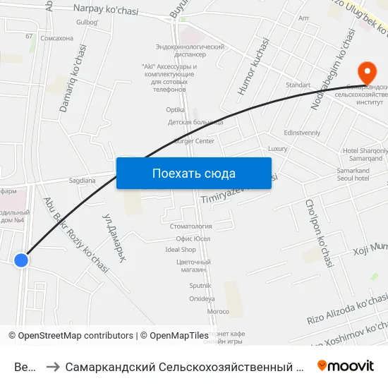 Bekat to Самаркандский Сельскохозяйственный Институт map