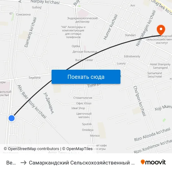 Bekat to Самаркандский Сельскохозяйственный Институт map