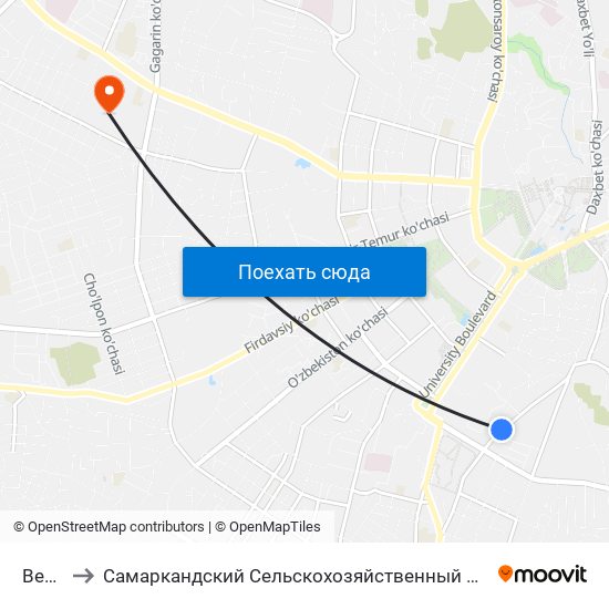 Bekat to Самаркандский Сельскохозяйственный Институт map