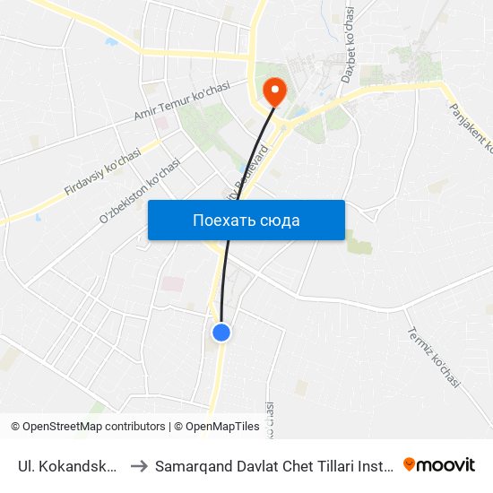 Ul. Kokandskaya to Samarqand Davlat Chet Tillari Instituti map