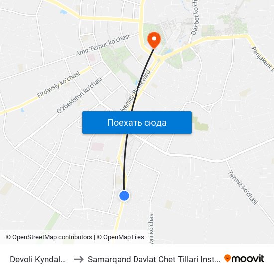 Devoli Kyndalang to Samarqand Davlat Chet Tillari Instituti map