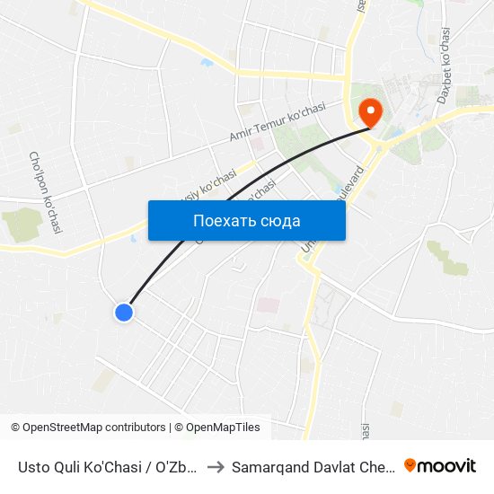 Usto Quli Ko'Chasi / O'Zbekiston Ko'Chasi to Samarqand Davlat Chet Tillari Instituti map