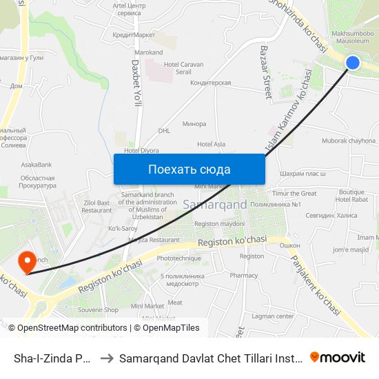 Sha-I-Zinda Park to Samarqand Davlat Chet Tillari Instituti map