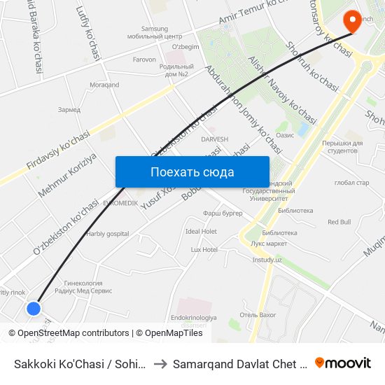 Sakkoki Ko'Chasi / Sohibkor Ko'Chasi to Samarqand Davlat Chet Tillari Instituti map