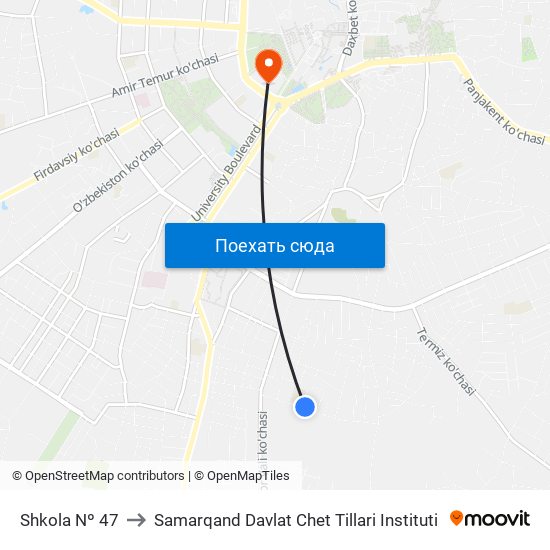 Shkola Nº 47 to Samarqand Davlat Chet Tillari Instituti map