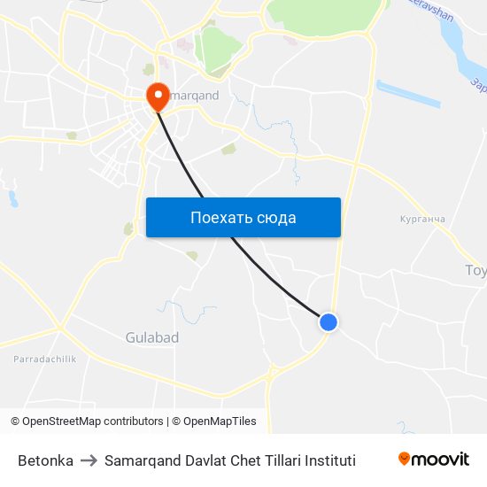 Betonka to Samarqand Davlat Chet Tillari Instituti map