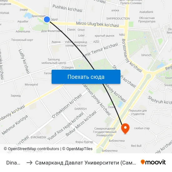 Dinamo to Самарканд Давлат Университети (Самду) map