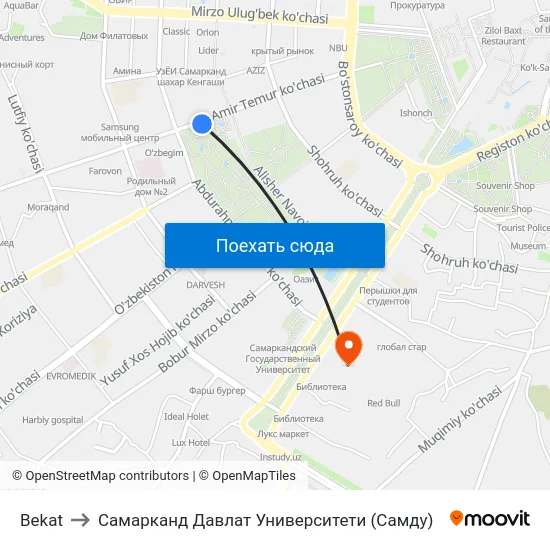 Bekat to Самарканд Давлат Университети (Самду) map