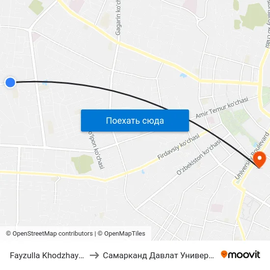 Fayzulla Khodzhayev Street, 4 to Самарканд Давлат Университети (Самду) map