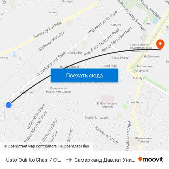 Usto Quli Ko'Chasi / O'Zbekiston Ko'Chasi to Самарканд Давлат Университети (Самду) map