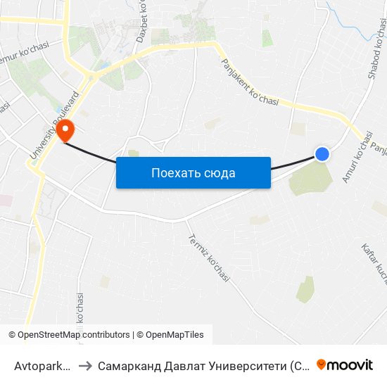 Avtopark 14 to Самарканд Давлат Университети (Самду) map