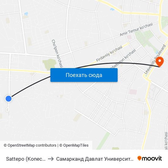 Sattepo (Konechnaya) to Самарканд Давлат Университети (Самду) map