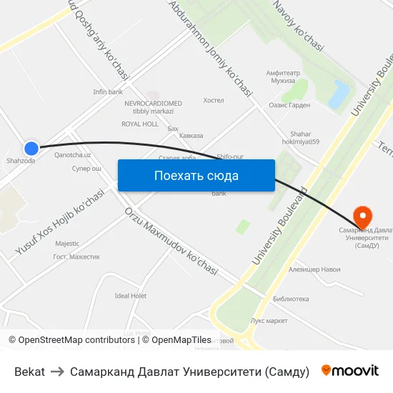 Bekat to Самарканд Давлат Университети (Самду) map