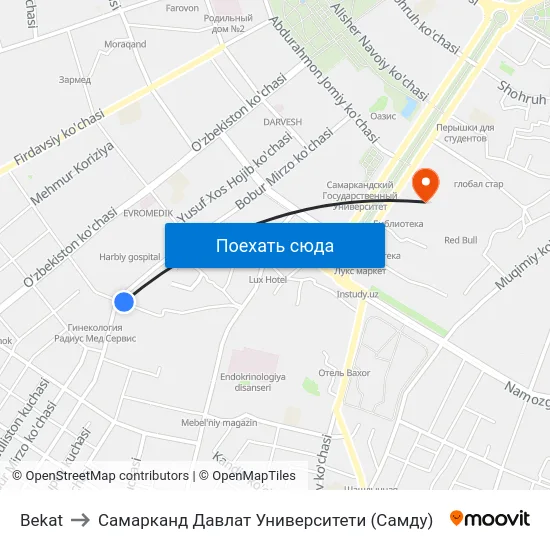 Bekat to Самарканд Давлат Университети (Самду) map