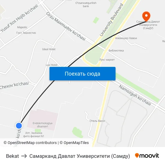 Bekat to Самарканд Давлат Университети (Самду) map