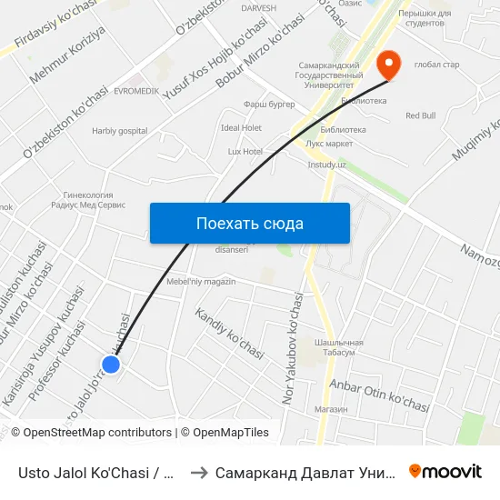 Usto Jalol Ko'Chasi / Usto Quli Ko'Chasi to Самарканд Давлат Университети (Самду) map