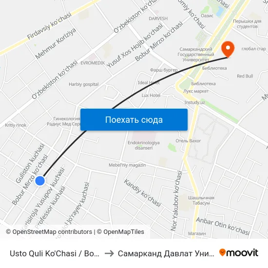 Usto Quli Ko'Chasi / Bobur Mirzo Ko'Chasi to Самарканд Давлат Университети (Самду) map