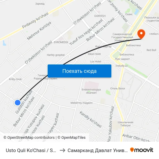 Usto Quli Ko'Chasi / Sohibkor Ko'Chasi to Самарканд Давлат Университети (Самду) map