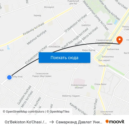 Oz'Bekiston Ko'Chasi / Sakkoki Ko'Chasi to Самарканд Давлат Университети (Самду) map