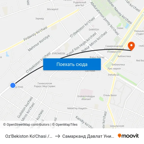 Oz'Bekiston Ko'Chasi / Sakkoki Ko'Chasi to Самарканд Давлат Университети (Самду) map