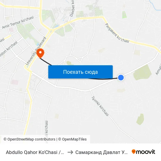 Abdullo Qahor Ko'Chasi / Sadriddin Ayni Ko'Chasi to Самарканд Давлат Университети (Самду) map