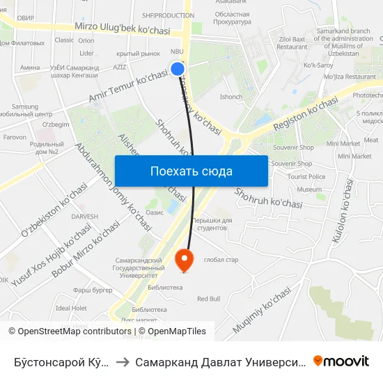 Бўстонсарой Кўчаси, 89 to Самарканд Давлат Университети (Самду) map