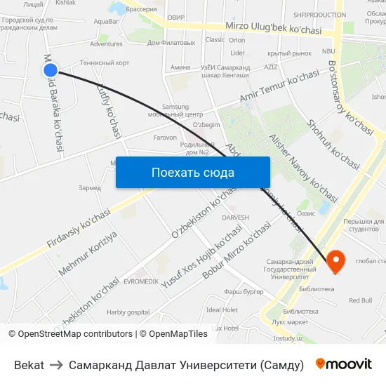 Bekat to Самарканд Давлат Университети (Самду) map