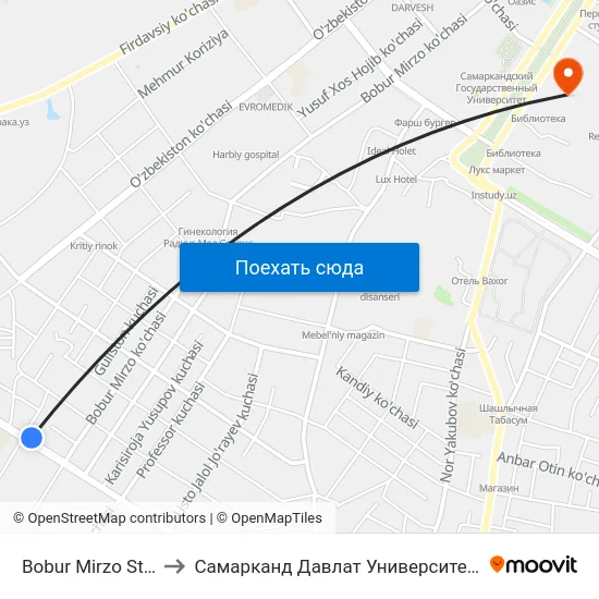 Bobur Mirzo Str., 136 to Самарканд Давлат Университети (Самду) map